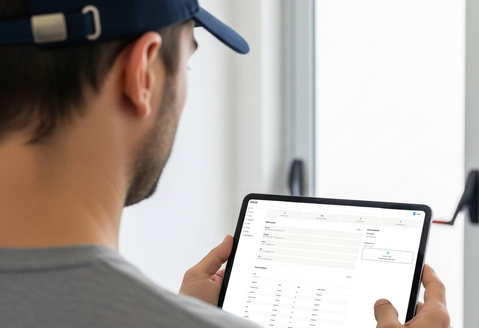 An installer at a door with Digilog open on a tablet.